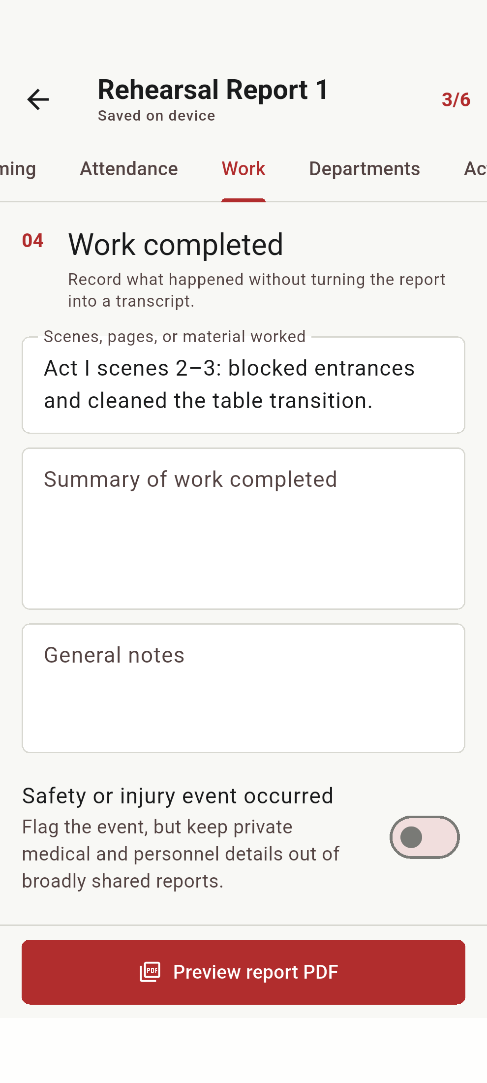 Stage Manager Report on Android: rehearsal work editor with fictional scene notes